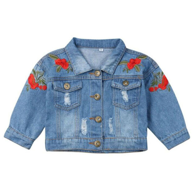 Baby Rose Embroidery Ripped Denim Jacket