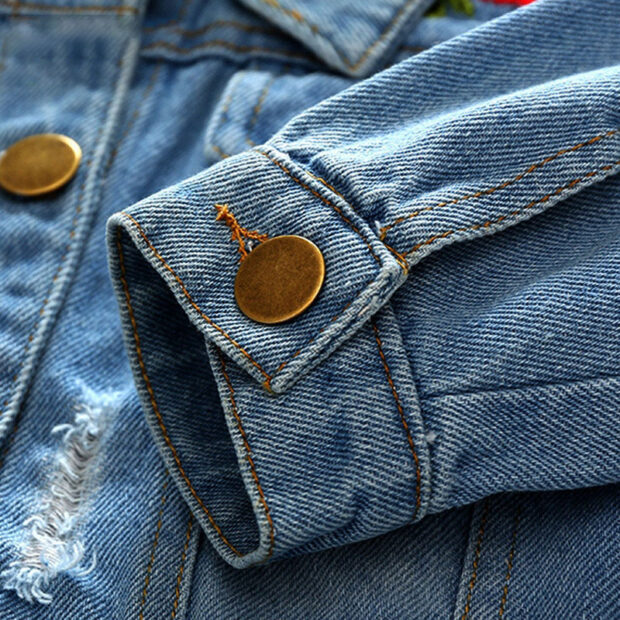 Rose Embroidery Ripped Denim Jacket Long Sleeve - Image 5