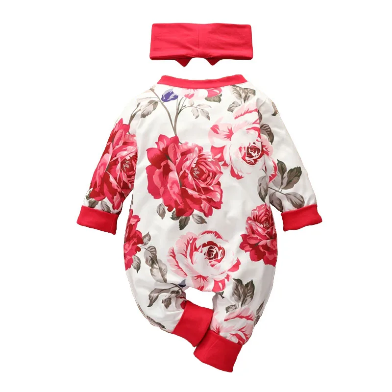 Rose Pattern Jumpsuit Long Sleeve with Ribbon Bow Headband - Image 2