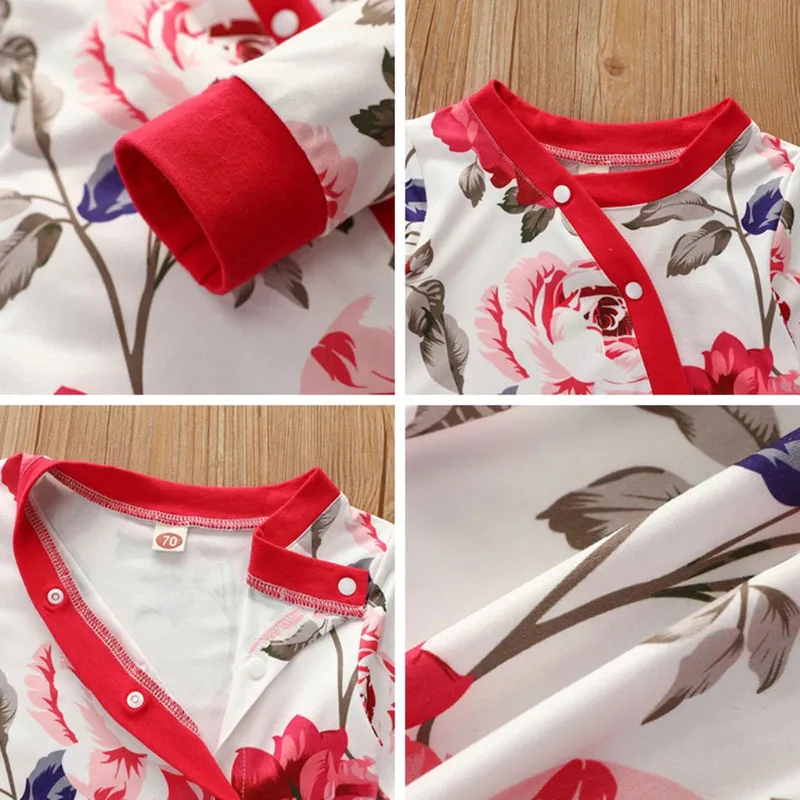 Rose Pattern Jumpsuit Long Sleeve with Ribbon Bow Headband - Image 3