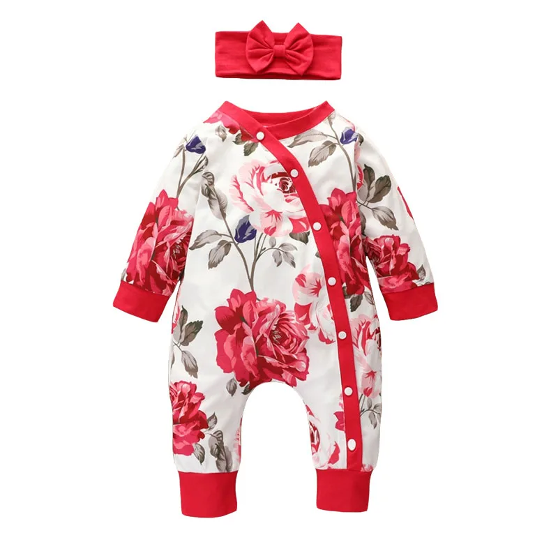 Rose Pattern Jumpsuit Long Sleeve with Ribbon Bow Headband