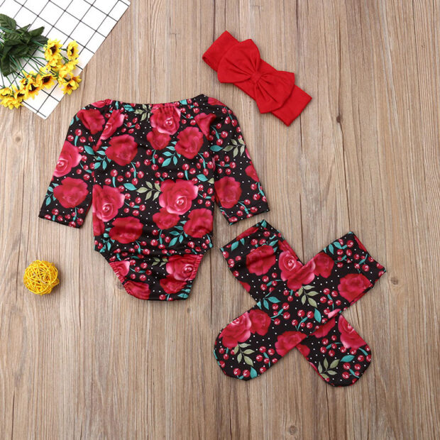 Rose Pattern Onesie Long Sleeve with Ribbon Headband & Matching Socks - Image 2