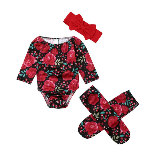 Rose Pattern Onesie Long Sleeve with Ribbon Headband & Matching Socks