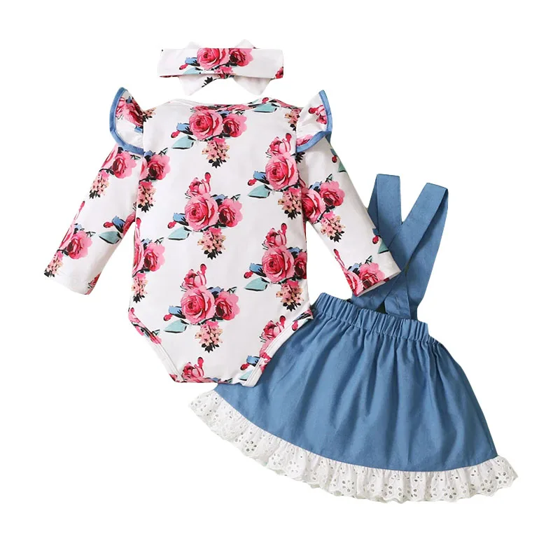 Rose Pattern Onesie & Suspender Skirt with Ribbon Headband Long Sleeve - Image 2