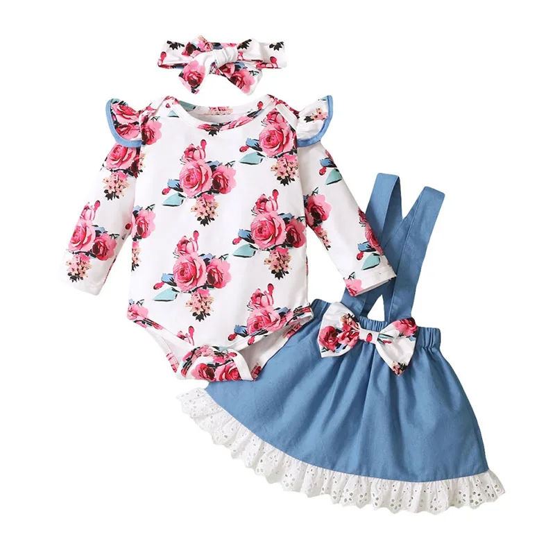 Rose Pattern Onesie & Suspender Skirt with Ribbon Headband Long Sleeve