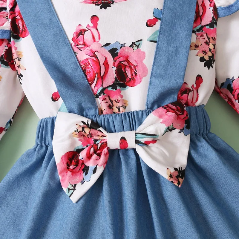 Rose Pattern Onesie & Suspender Skirt with Ribbon Headband Long Sleeve - Image 5