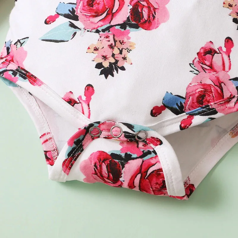 Rose Pattern Onesie & Suspender Skirt with Ribbon Headband Long Sleeve - Image 3