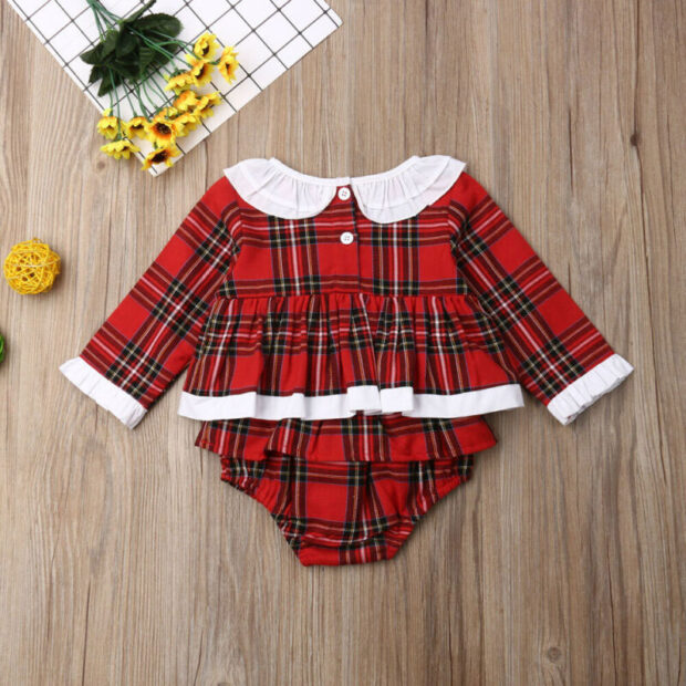 Ruffle Collar Christmas Plaid Pattern Romper with Diaper Cover Long Sleeve - Image 2