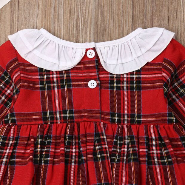 Ruffle Collar Christmas Plaid Pattern Romper with Diaper Cover Long Sleeve - Image 4