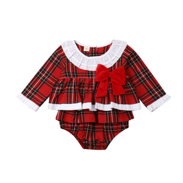 Ruffle Collar Christmas Plaid Pattern Romper with Diaper Cover Long Sleeve