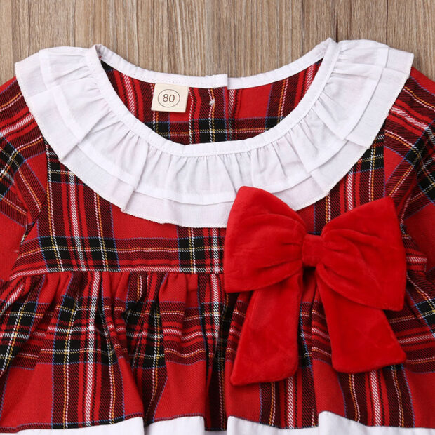Ruffle Collar Christmas Plaid Pattern Romper with Diaper Cover Long Sleeve - Image 3