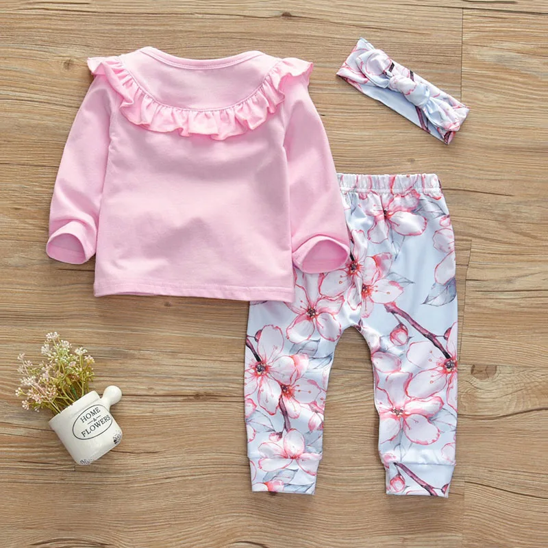 Baby Girls Ruffle Collar Shirt, Flower Pants, Ribbon Bow Headband 3 pcs - Image 3