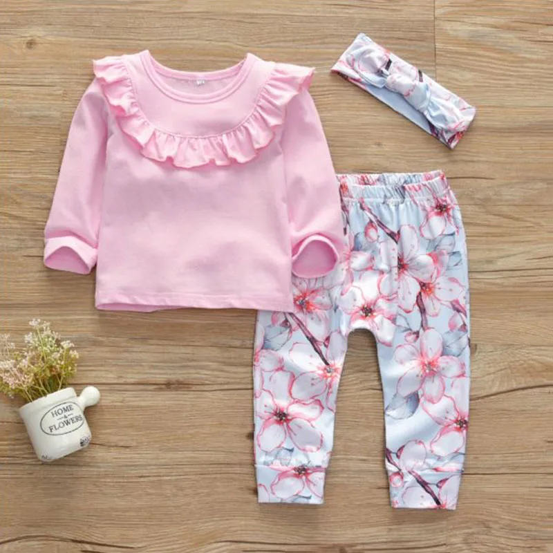Baby Girls Ruffle Collar Shirt, Flower Pants, Ribbon Bow Headband 3 pcs - Image 2