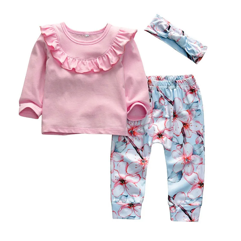 Baby Girls Ruffle Collar Shirt, Flower Pants, Ribbon Bow Headband 3 pcs