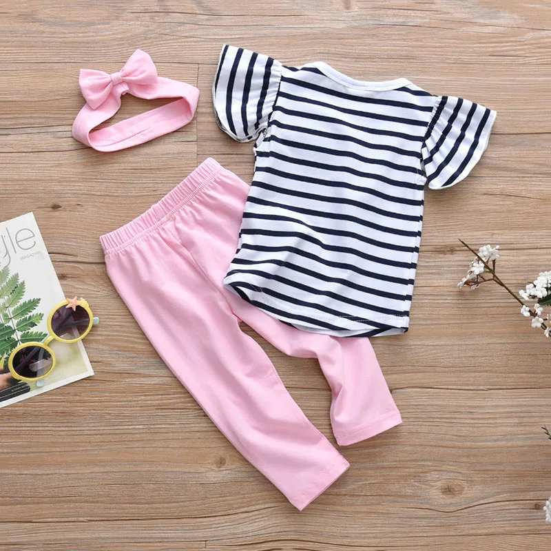 Baby Girls Stripe T-Shirt, Pants, Ribbon Headband 3 pcs - Image 3