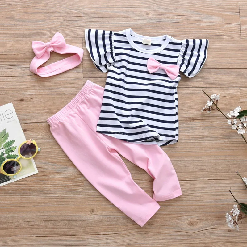 Baby Girls Stripe T-Shirt, Pants, Ribbon Headband 3 pcs - Image 2