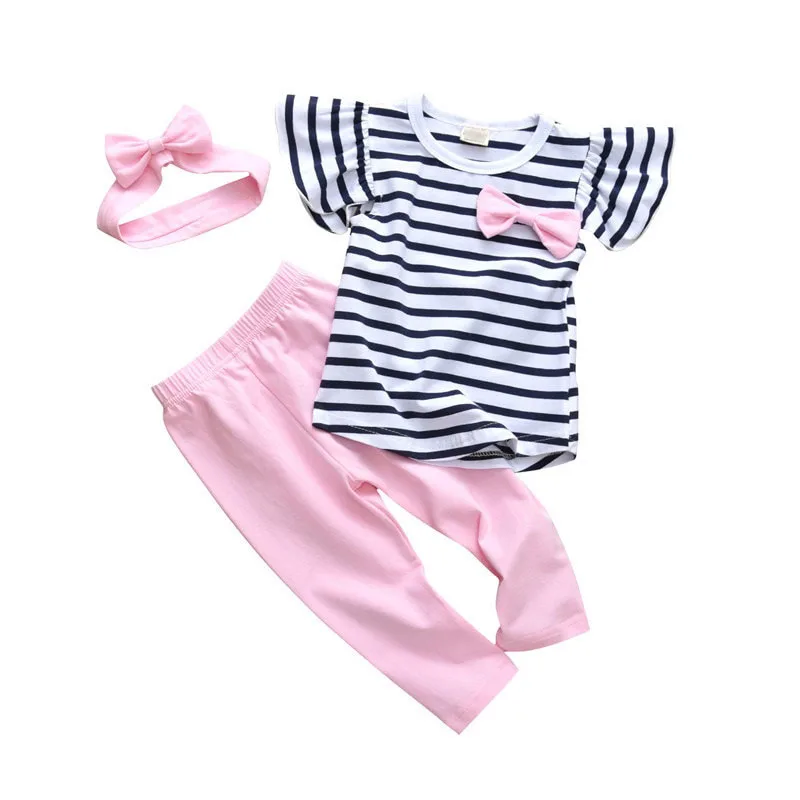 Baby Girls Stripe T-Shirt, Pants, Ribbon Headband 3 pcs