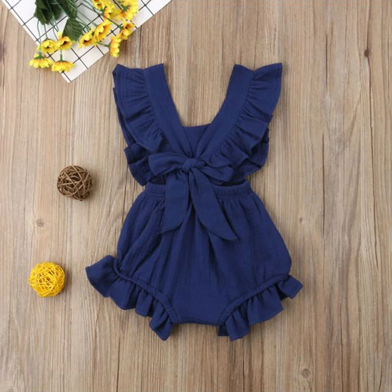 Baby Girls Sleeveless Backless Ruffle Romper Ribbon Tie Knot Back - Image 2