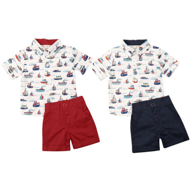 Sailor Boat Pattern Shirt & Elastic Shorts Short Sleeve Outfit