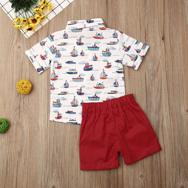 Sailor Boat Pattern Shirt & Elastic Shorts Short Sleeve Outfit - Image 2