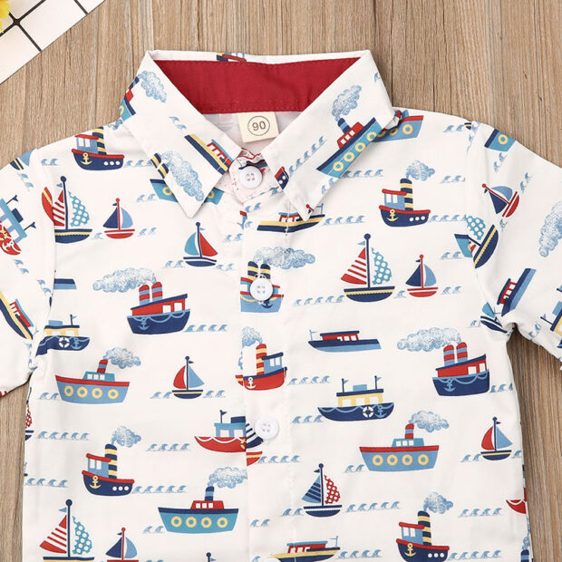 Sailor Boat Pattern Shirt & Elastic Shorts Short Sleeve Outfit - Image 3