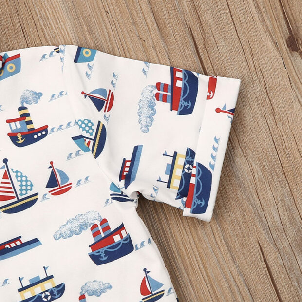 Sailor Boat Pattern Shirt & Elastic Shorts Short Sleeve Outfit - Image 4