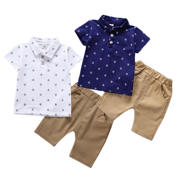 Sailor Print Polo Shirt & Khaki Shorts Short Sleeve Outfit