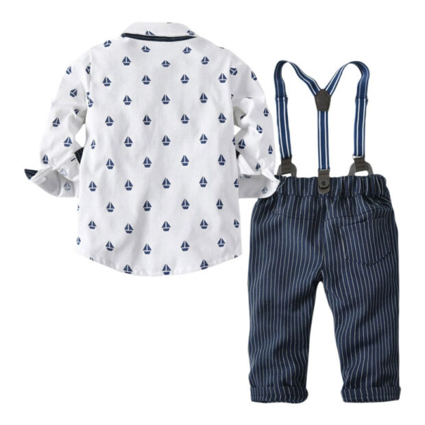 Sailor Print Button Up Shirt & Stripe Pattern Trousers with Tie & Braces Long Sleeve - Image 2