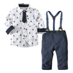 Sailor Print Button Up Shirt & Stripe Pattern Trousers with Tie & Braces Long Sleeve