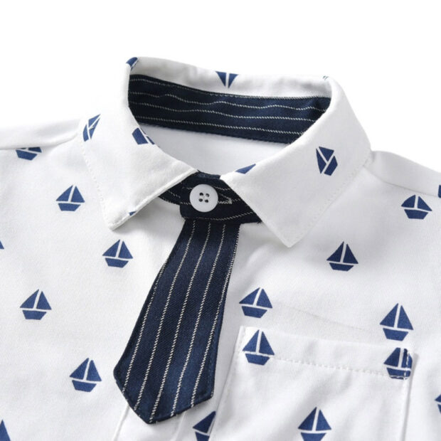 Sailor Print Button Up Shirt & Stripe Pattern Trousers with Tie & Braces Long Sleeve - Image 4