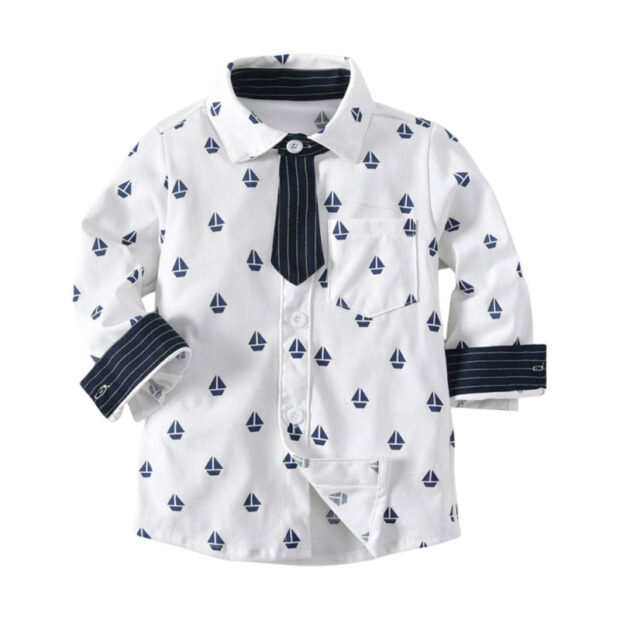 Sailor Print Button Up Shirt & Stripe Pattern Trousers with Tie & Braces Long Sleeve - Image 3