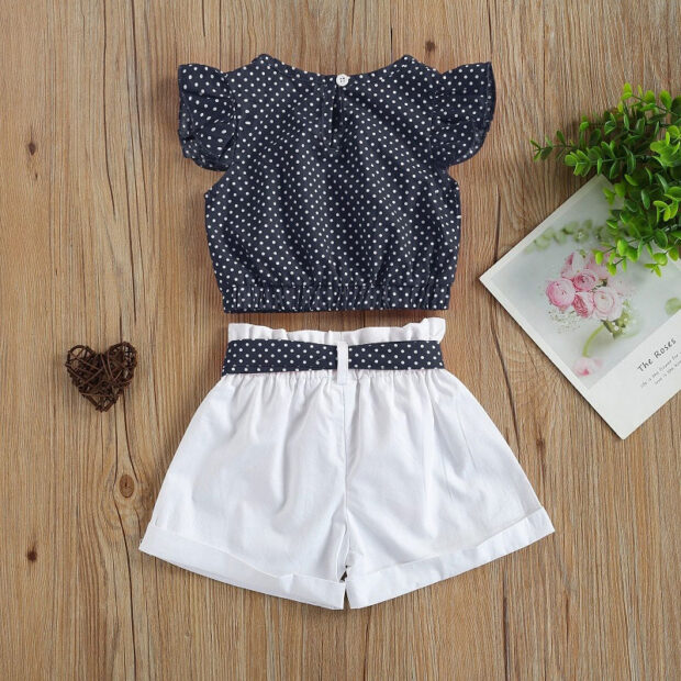 Short Sleeve Dotted Crop Top & Elastic Shorts with Matching Pattern Belt - Image 2