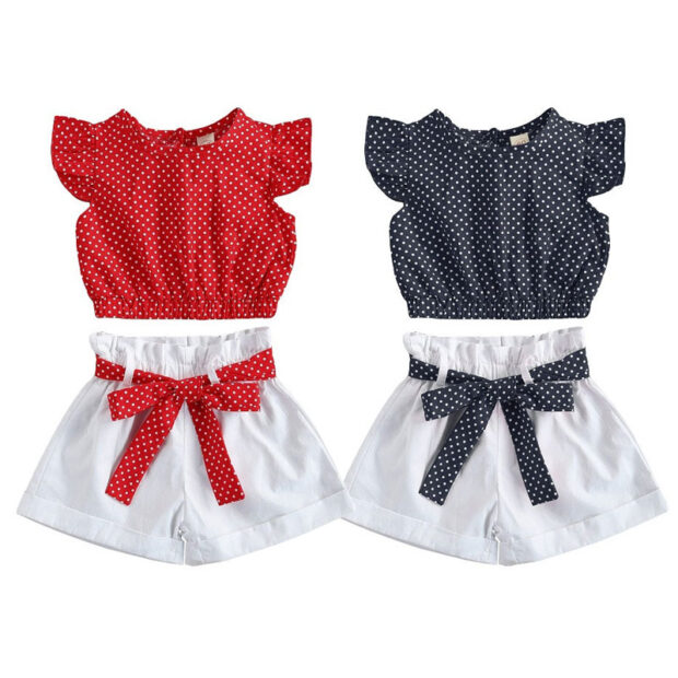 Short Sleeve Dotted Crop Top & Elastic Shorts with Matching Pattern Belt