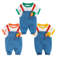 Short Sleeve Farmer Outfit Dotted T-Shirt & Denim Overalls with Carrot Plush