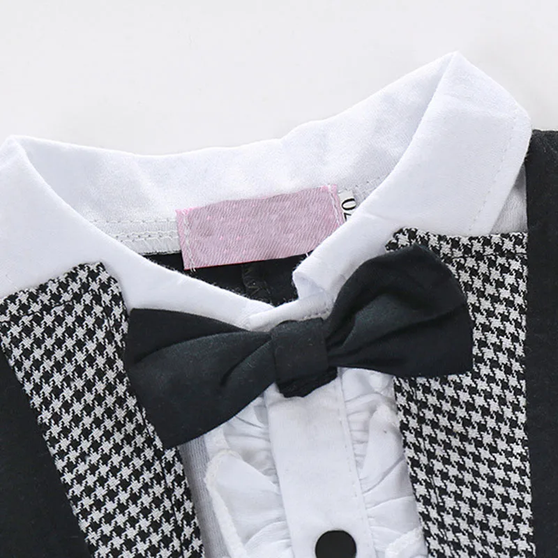 Gentlemen Black & White Checked One Piece Tuxedo Outfit with Bow Tie - Image 3