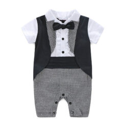 Gentlemen Black & White Checked One Piece Tuxedo Outfit with Bow Tie