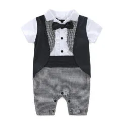 Gentlemen Black & White Checked One Piece Tuxedo Outfit with Bow Tie