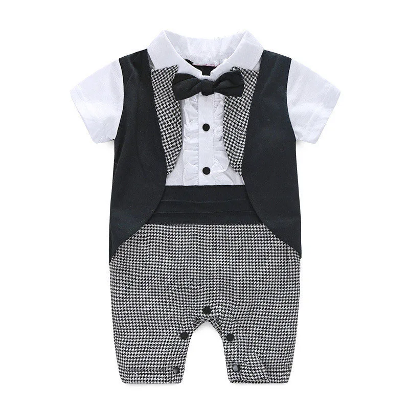 Gentlemen Black & White Checked One Piece Tuxedo Outfit with Bow Tie