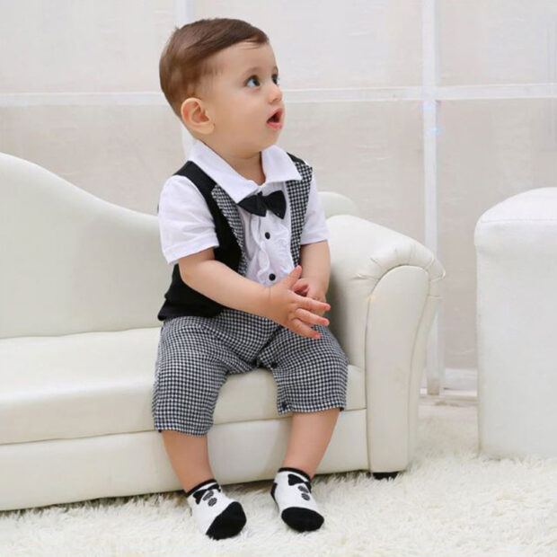 Gentlemen Black & White Checked One Piece Tuxedo Outfit with Bow Tie - Image 5