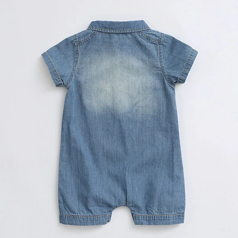 Short Sleeves Blue Denim Button Collar One Piece Outfit - Image 2