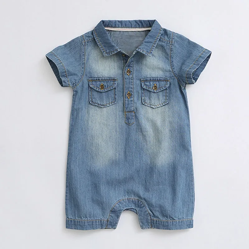 Short Sleeves Blue Denim Button Collar One Piece Outfit