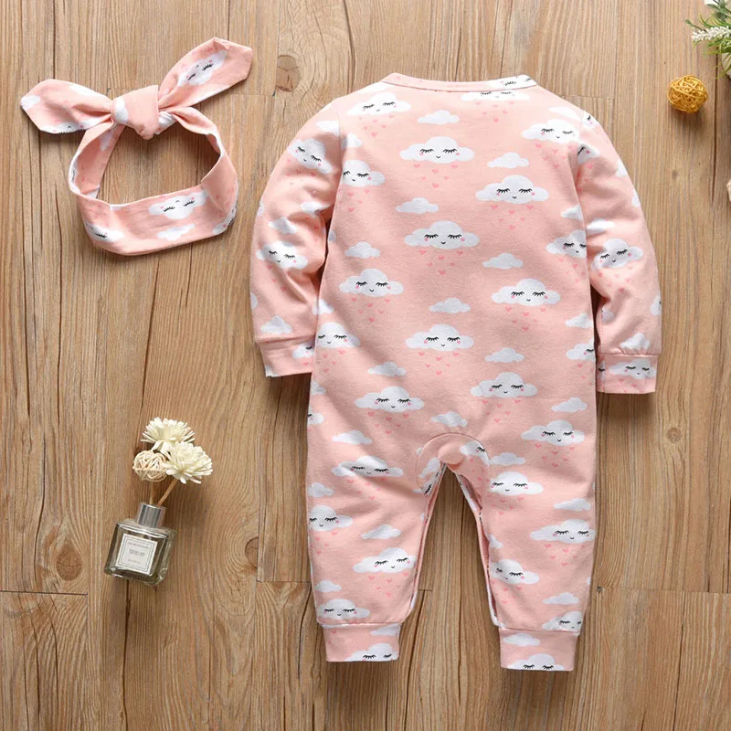 Baby Girl Sleepy Clouds Print Jumpsuit Long Sleeve with Ribbon Headband - Image 2