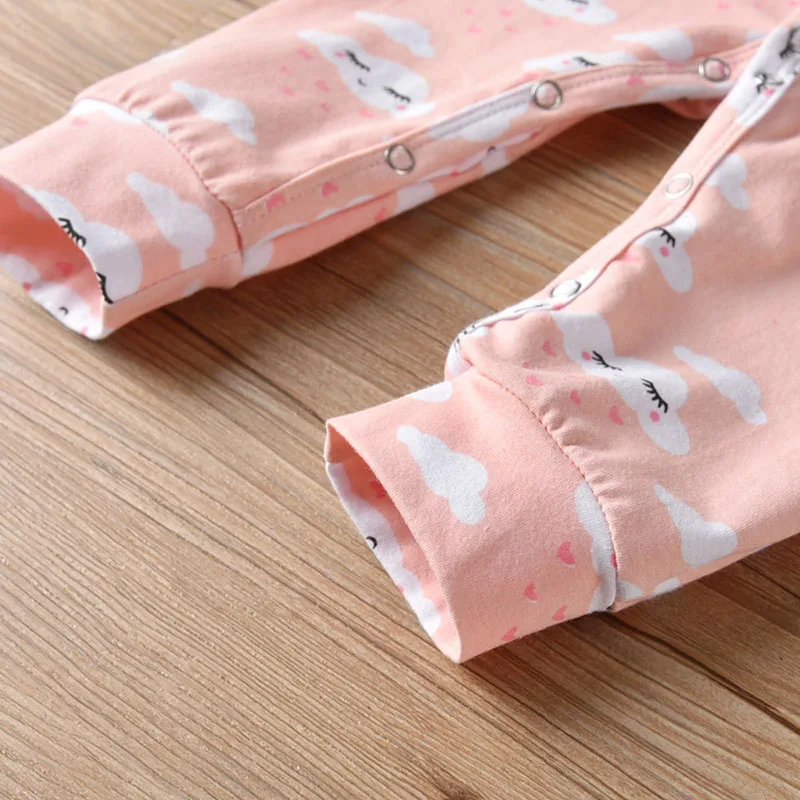 Baby Girl Sleepy Clouds Print Jumpsuit Long Sleeve with Ribbon Headband - Image 5