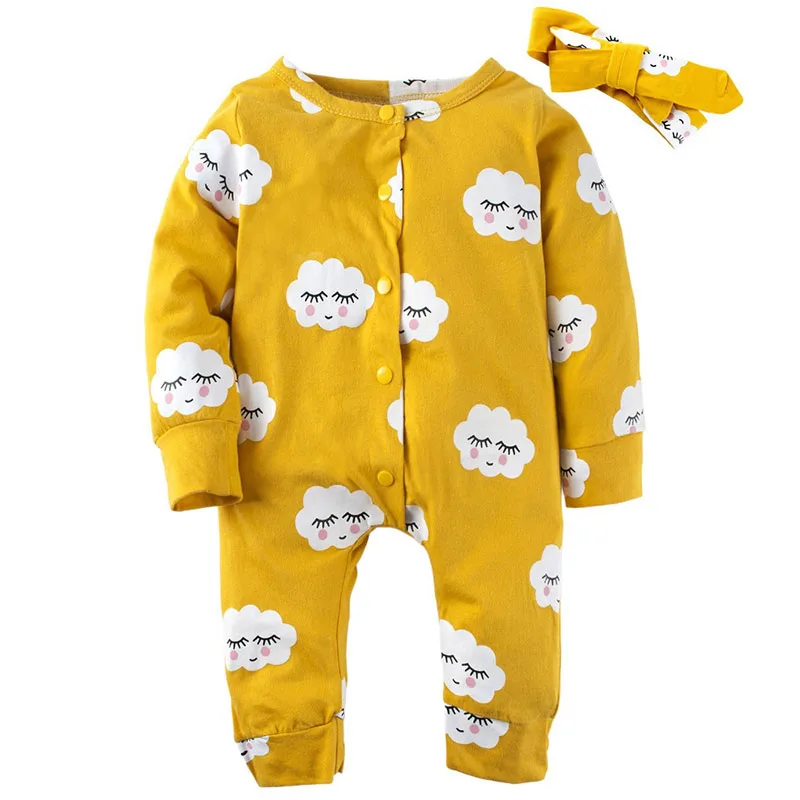 Long Sleeves Sleepy Clouds Print Jumpsuit with Headband