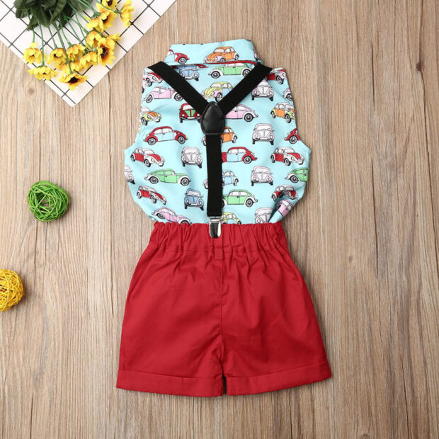 Sleeveless Automobbile Print Shirt & Elastic Shorts Short Sleeve with Braces & Bow Tie - Image 2