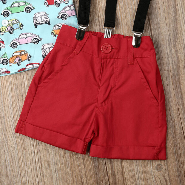 Sleeveless Automobbile Print Shirt & Elastic Shorts Short Sleeve with Braces & Bow Tie - Image 3