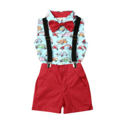 Sleeveless Automobbile Print Shirt & Elastic Shorts Short Sleeve with Braces & Bow Tie