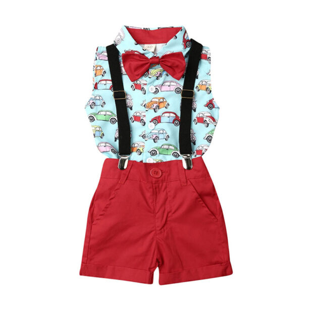 Sleeveless Automobbile Print Shirt & Elastic Shorts Short Sleeve with Braces & Bow Tie