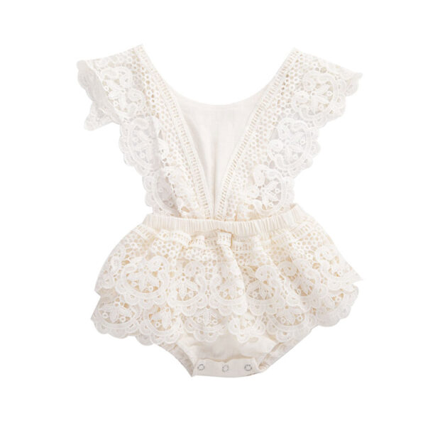 Sleeveless Open Back Crocheted Flower Pattern Romper