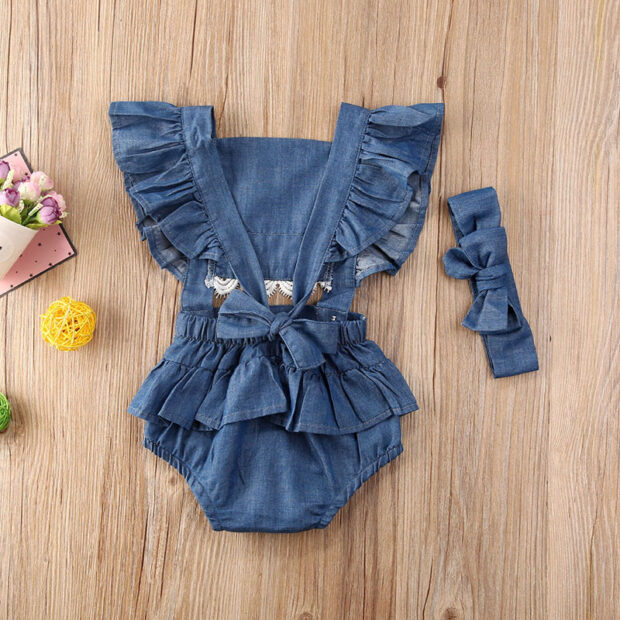 Sleeveless Denim Lace Romper Open Back with Ribbon Headband - Image 3